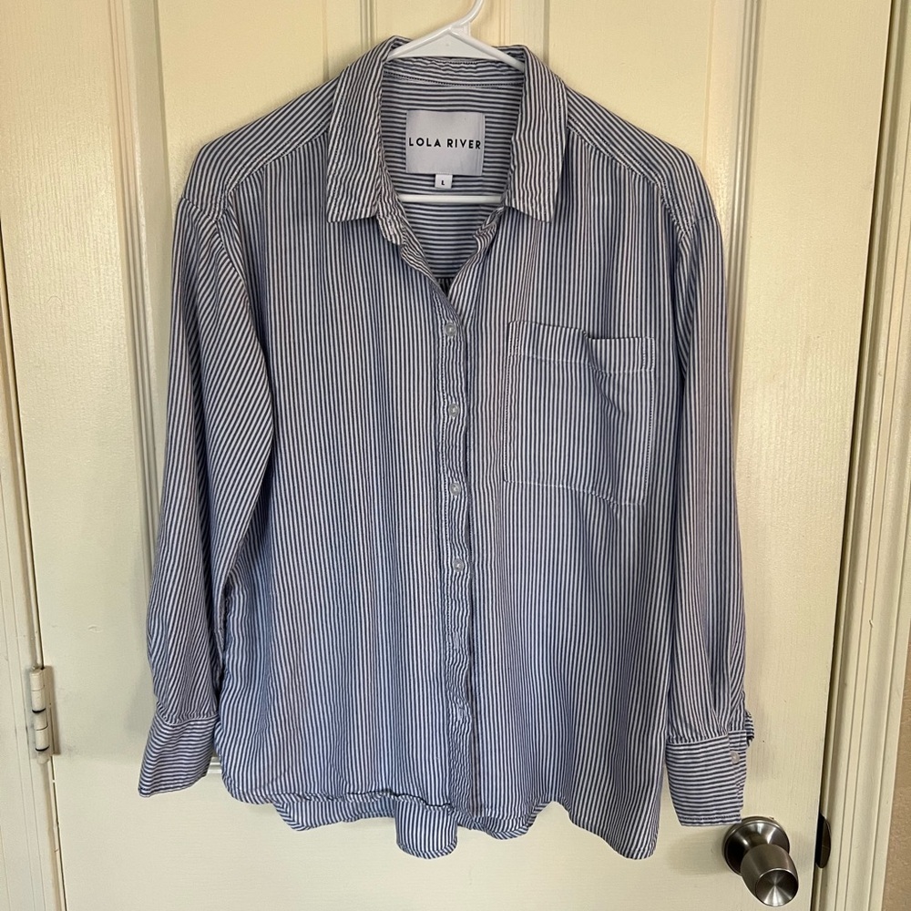 Lola River Blue White Pinstripe Tencel Button Front Blouse Size L